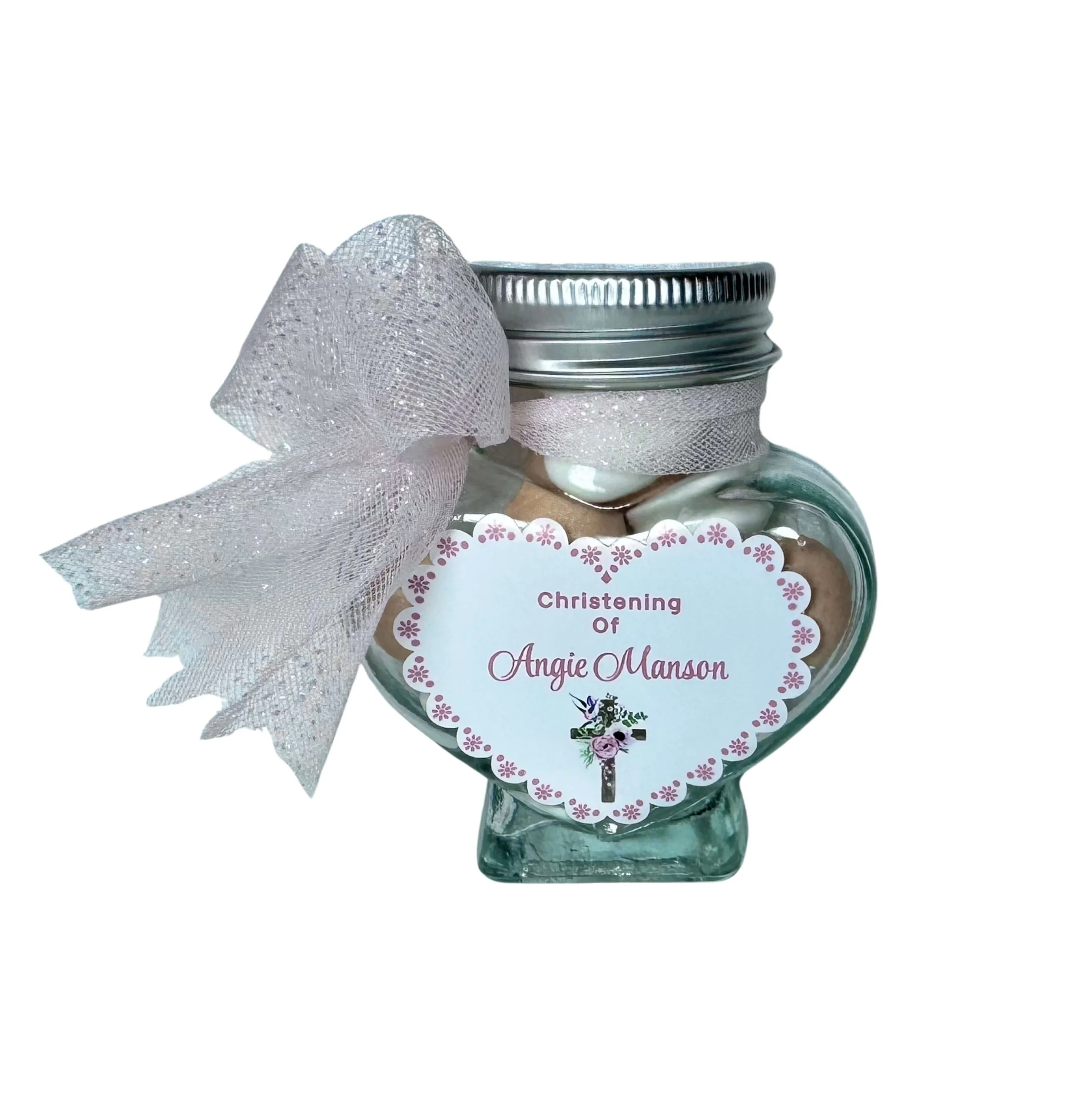 Heart-shaped chocolate jars filled with luxury chocolates, elegant wedding and event favours by Favours By Luna