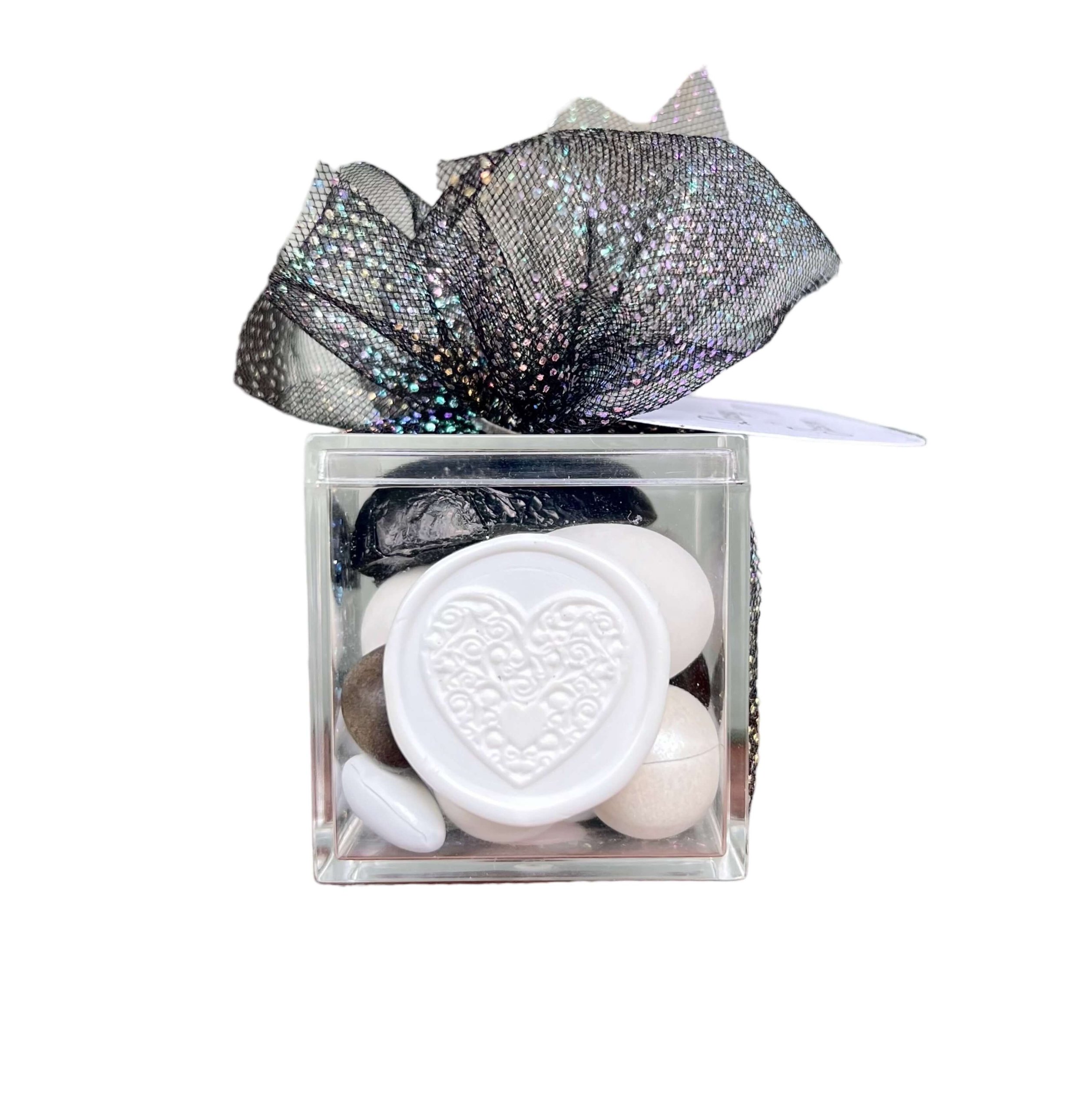 Clear acrylic cube box with sparkle tulle and gourmet chocolates elegant bonbonniere