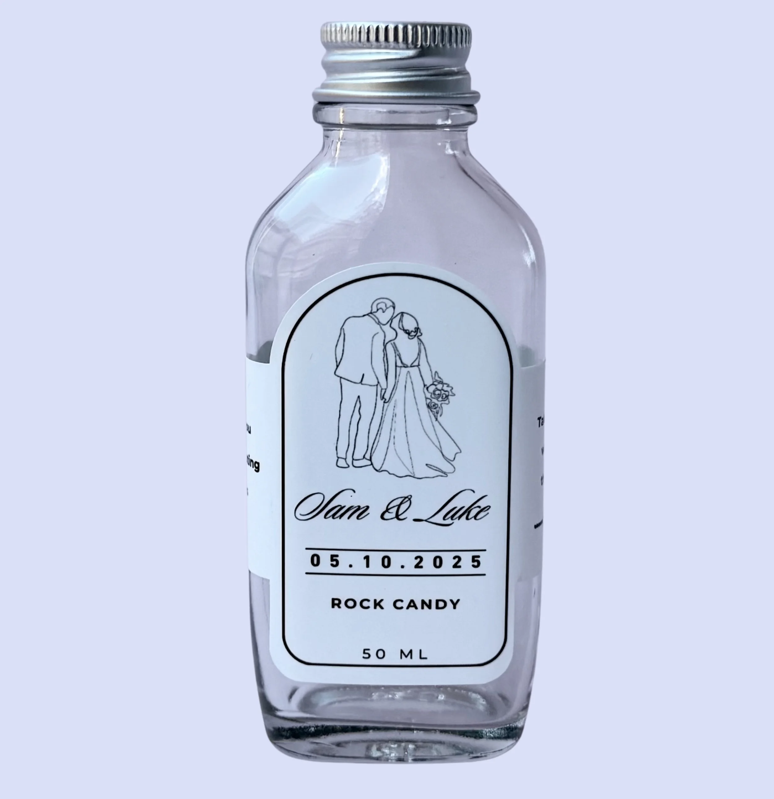 Mini glass flask bottle 50ml elegant and versatile wedding favour Brisbane