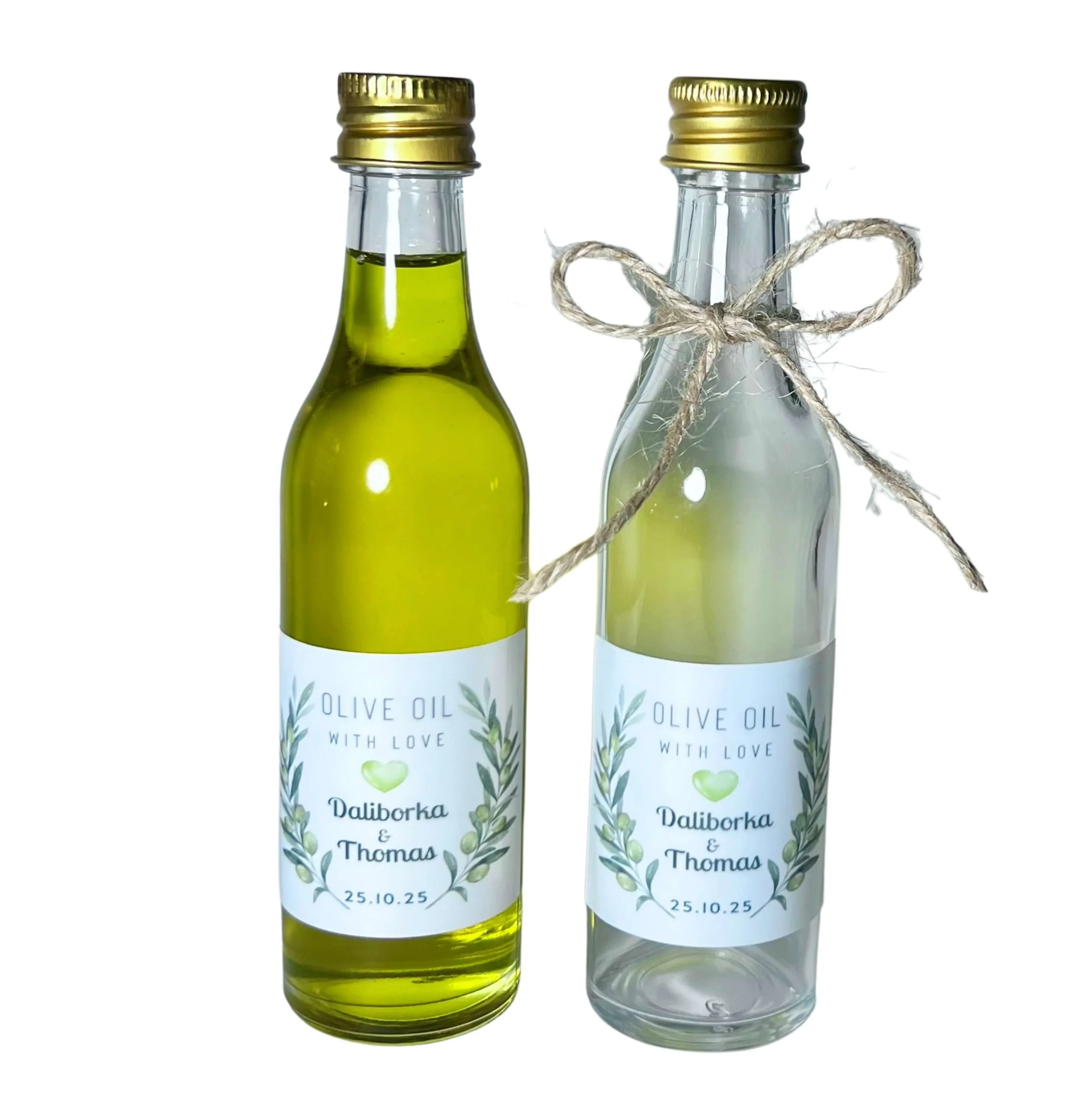 Olive Oil Clear Glass Mini Bottle 50ml - Mediterranean Wedding and Event Favours Australia