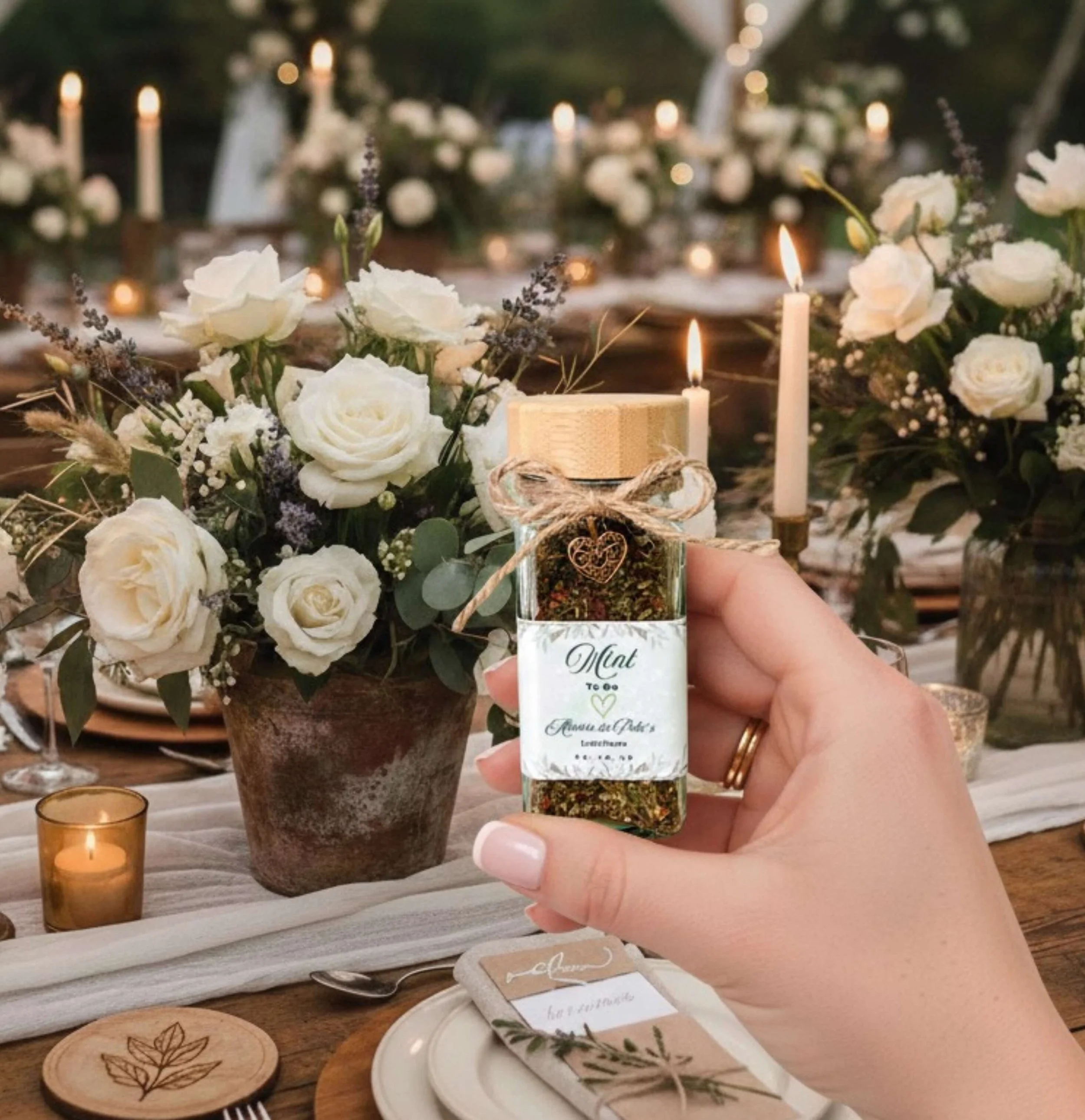 Square glass herb jar with bamboo lid twine and heart charm rustic wedding favour Brisbane