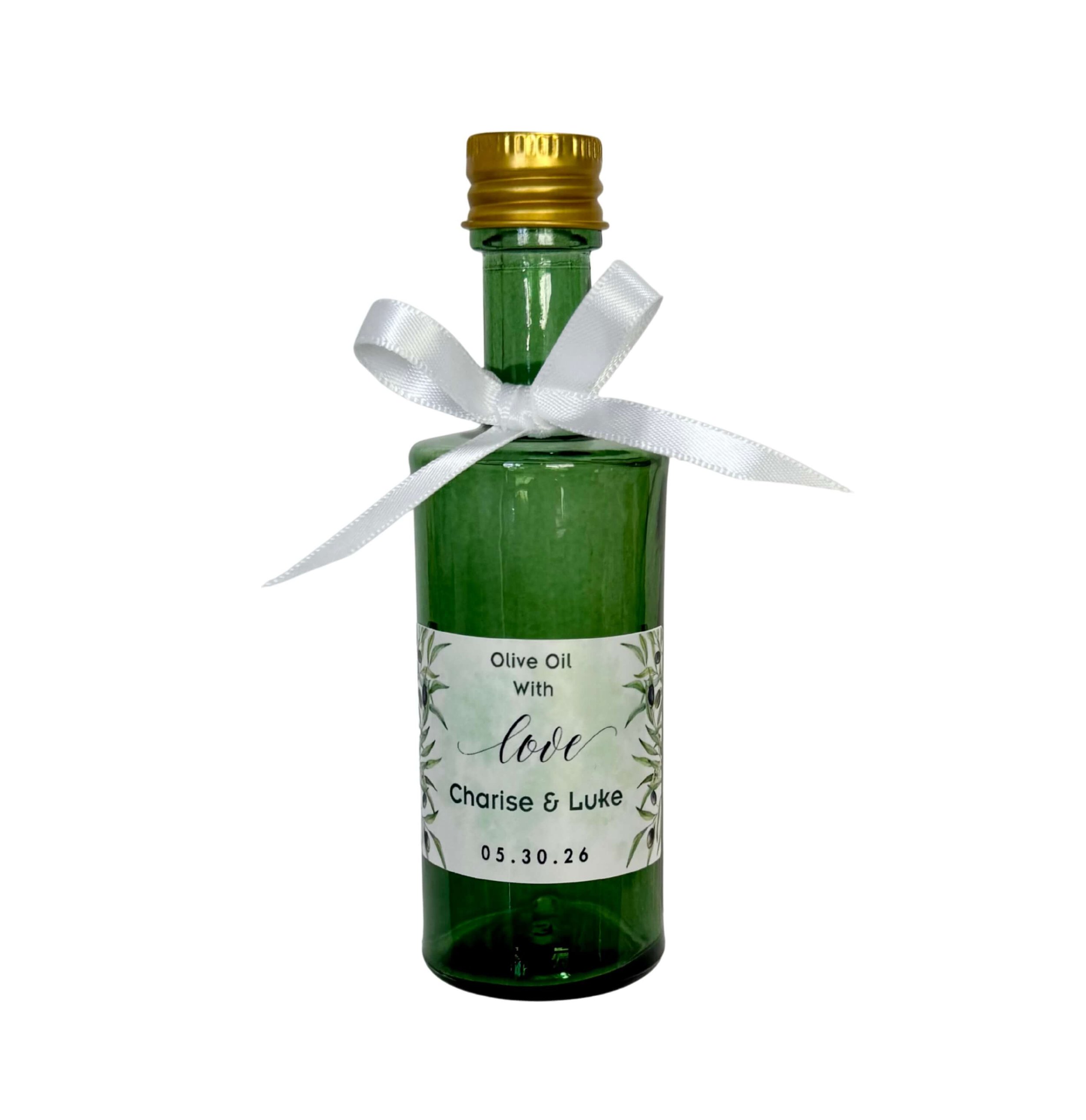 Olive oil green glass bottle favour, Mediterranean wedding and event gift by Favours By Luna