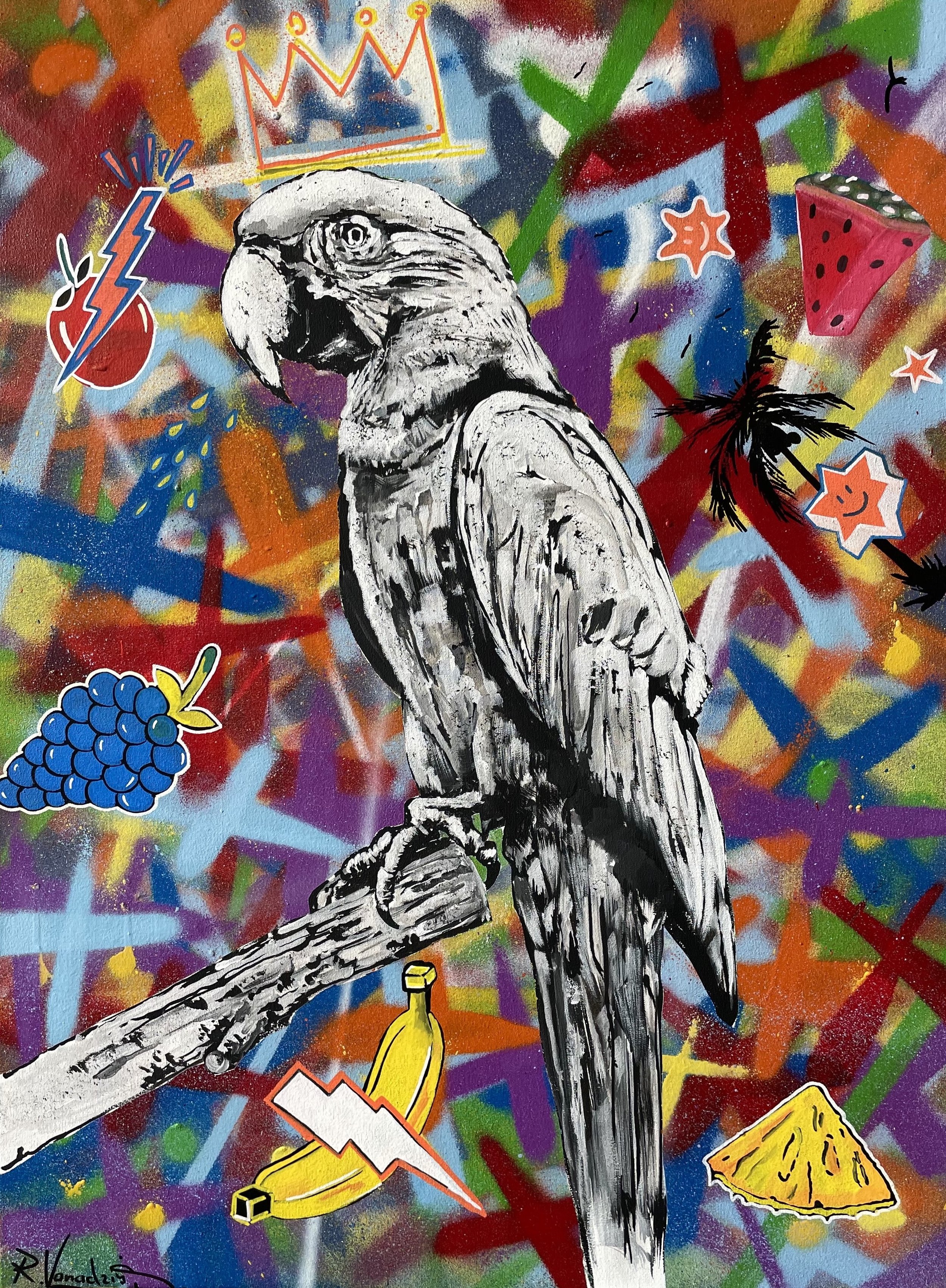 Colorful graffiti painting by Rinalds Vanadzins featuring a black-suited astronaut surrounded by vibrant street-art elements, symbols, and pop-culture graphics on a dynamic multicolored background