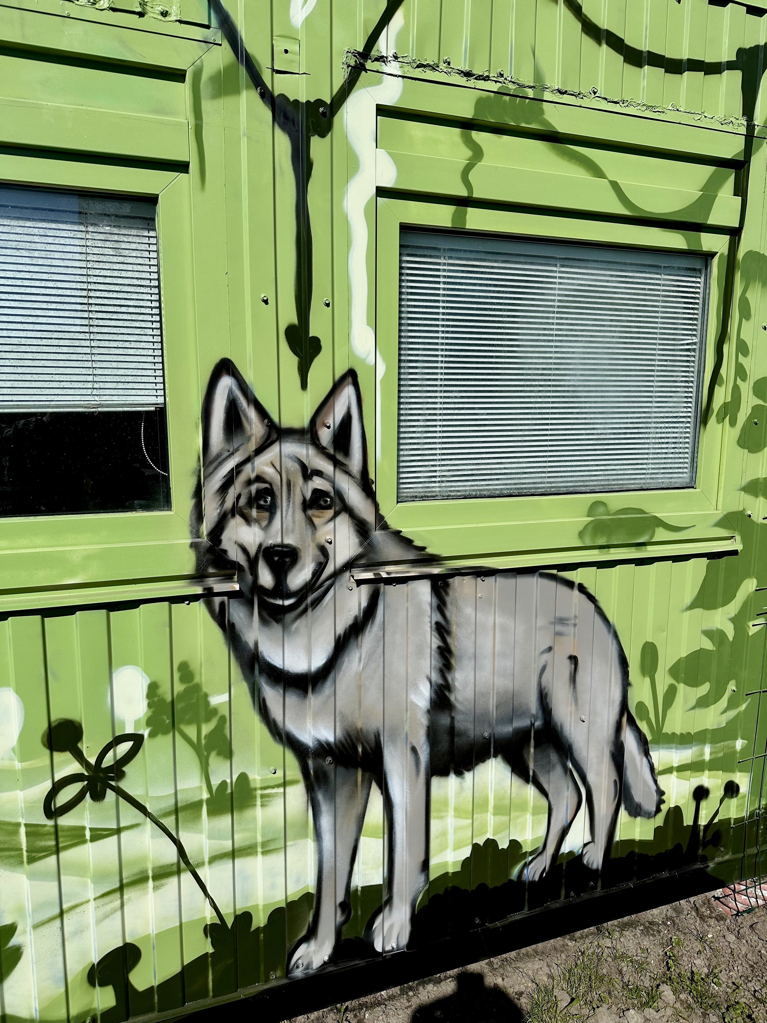 Shipping container painted with vibrant jungle graffiti and tropical foliage