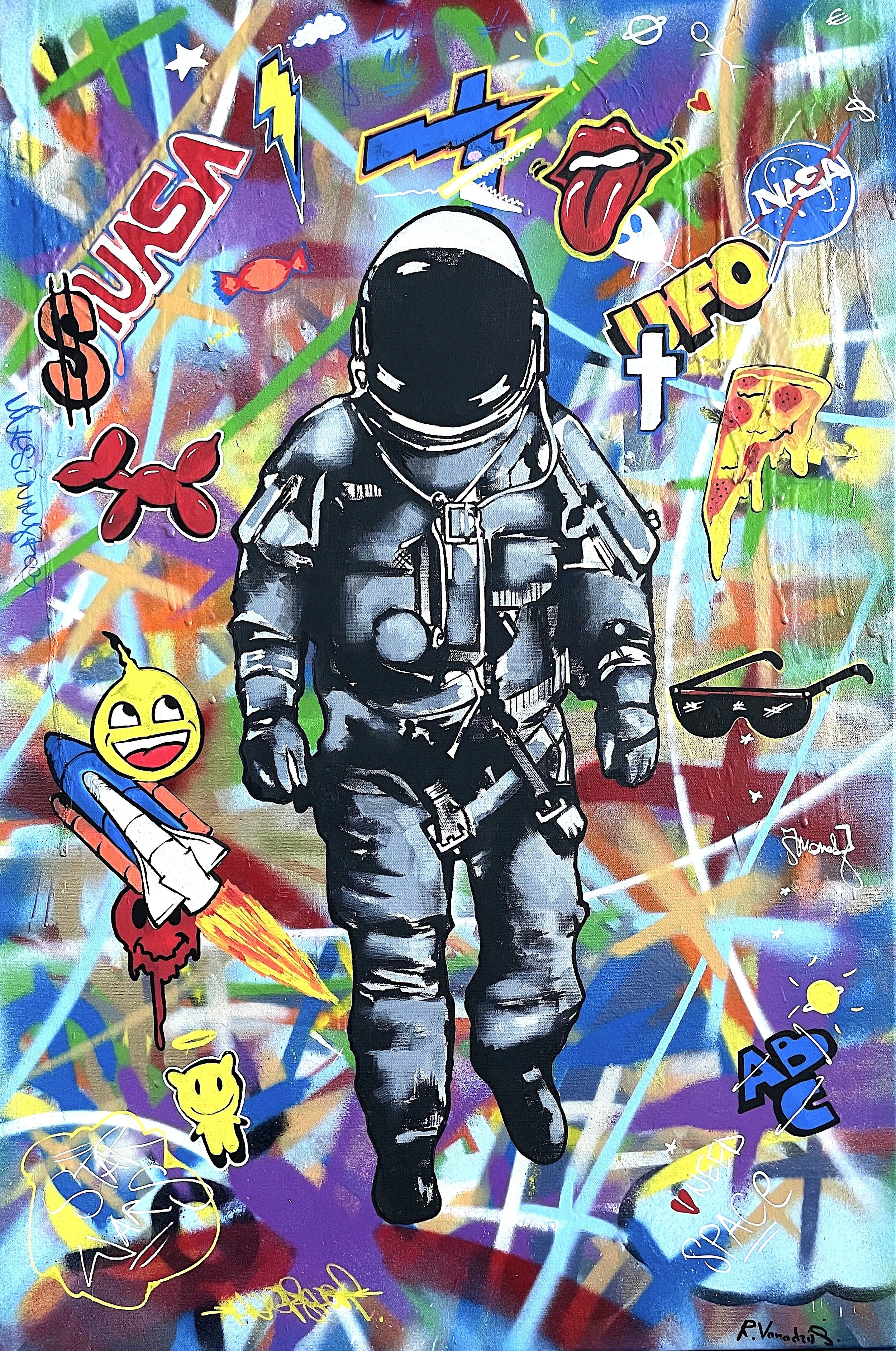 Colorful graffiti painting by Rinalds Vanadzins featuring a black-suited astronaut surrounded by vibrant street-art elements, symbols, and pop-culture graphics on a dynamic multicolored background