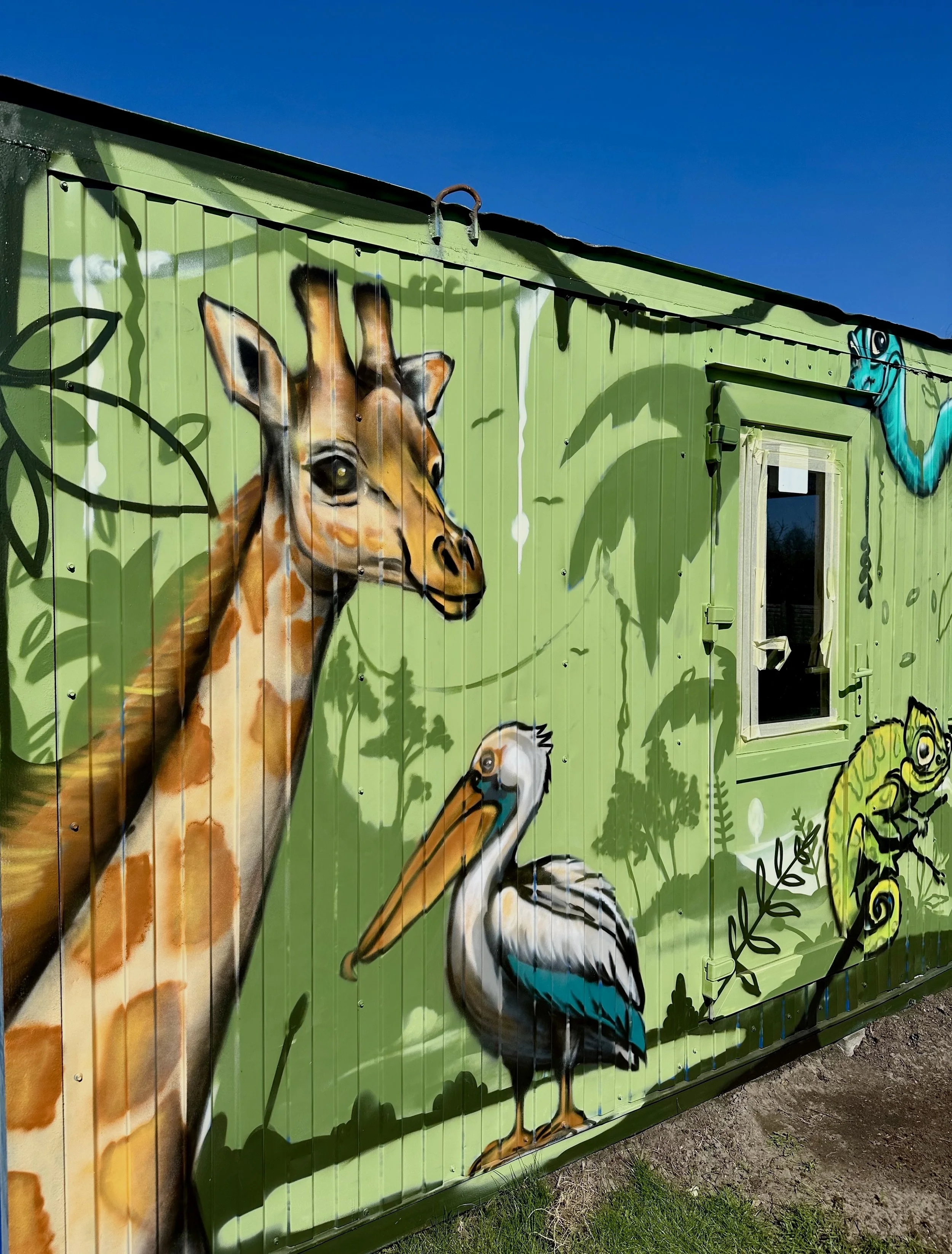 Shipping container painted with vibrant jungle graffiti and tropical foliage