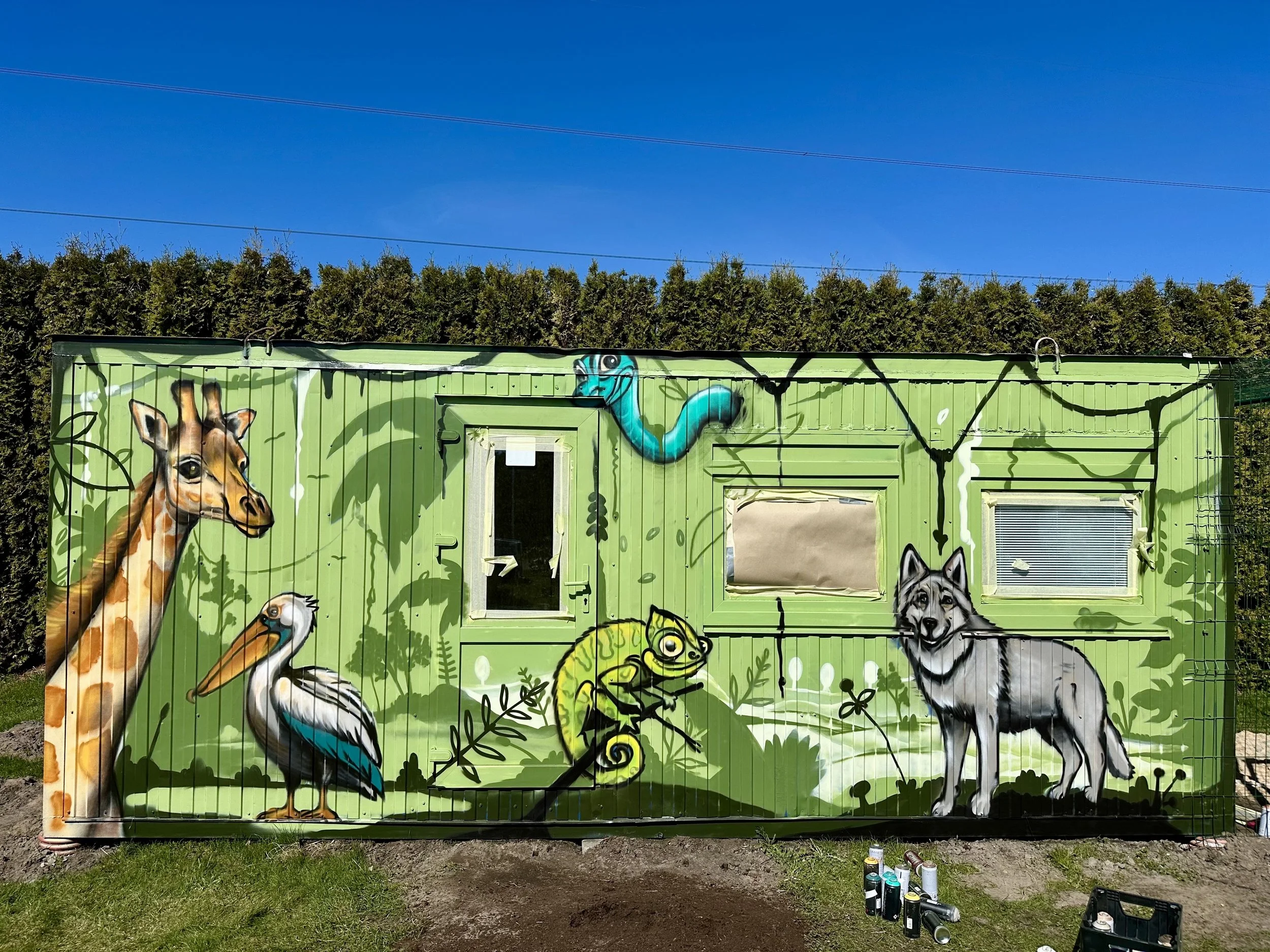 Painted shipping container with unique graffiti design in Latvia
