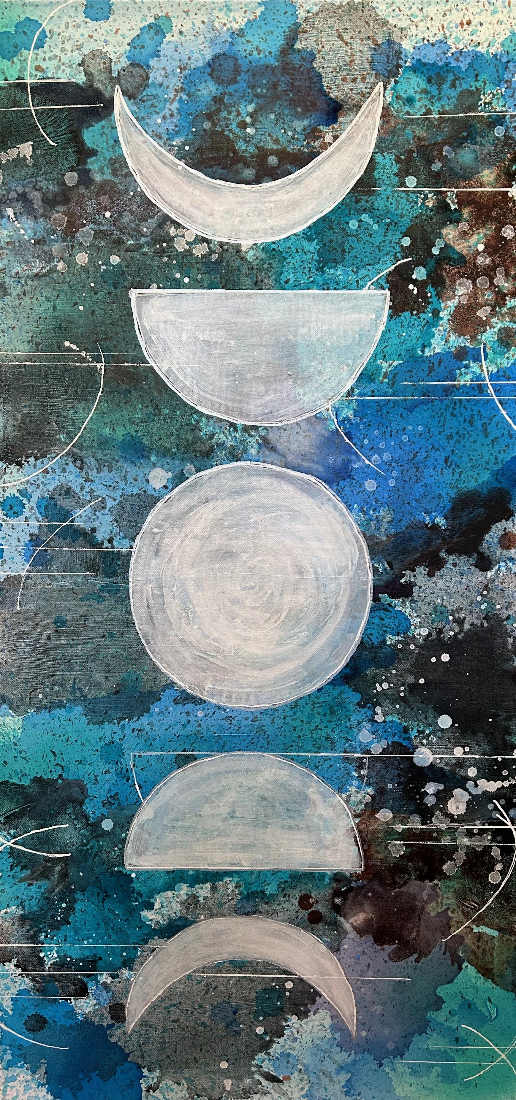 An abstract painting featuring a series of white crescent moon shapes and semi-circles arranged vertically against a dark, textured blue background with splatters of white, black, and brown paint.