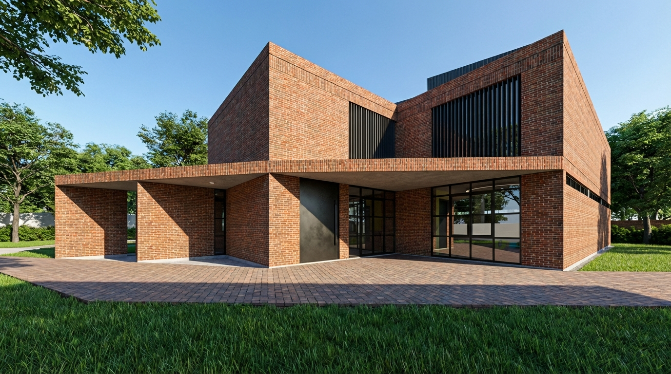 Photorealistic external daytime CGI of a modern new contemporary two storey library featuring robust red brick walls and accents of charcoal grey cladding called LFBP by 3bd Architects.png