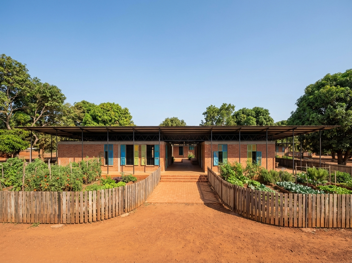 Proposed planning perspective view of the Modular School concept entrance in the Katanga region of the Democratic Republic of Congo by 3bd Architects.png