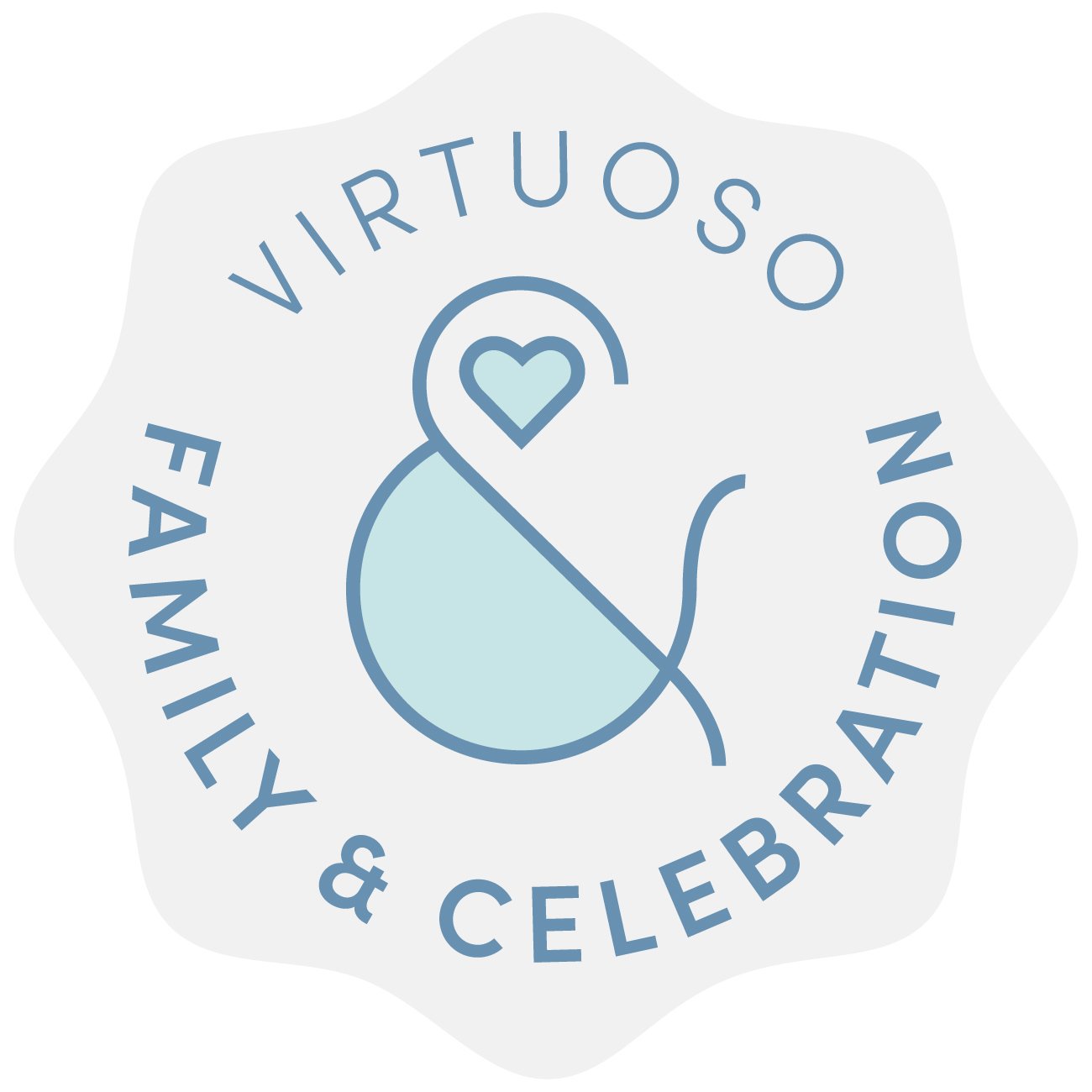 Logo for Virtuoso FamiIy & Celebration featuring a stylized sewing needle with a heart in the eye and a curved line representing the thread. Hannah Clemente of Clemente Travels is a Virtuoso Family and Celebration member.