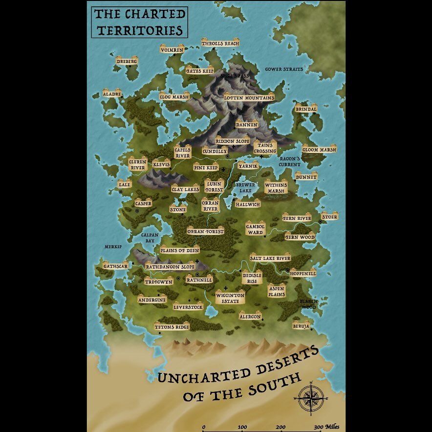 From The Dream Traveller: Dark Rising. 

Colour map. &ldquo;Chartered Territories.&rdquo;

Map by @chris.k.art