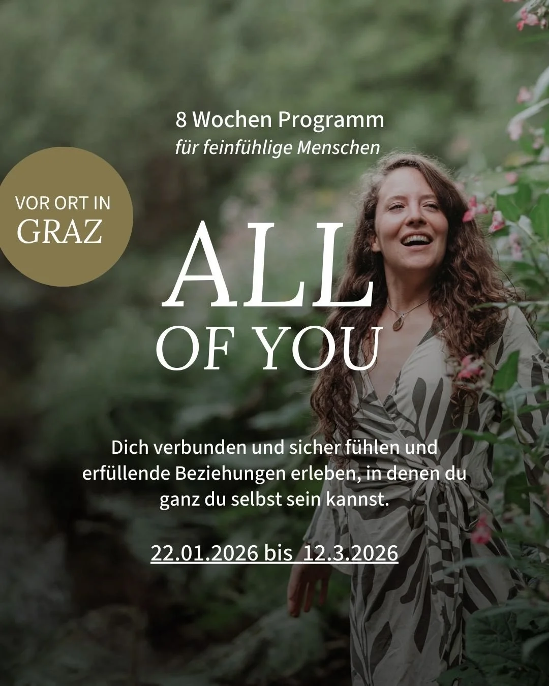 2026 darf anders werden.
Nicht nur verstehen, sondern sp&uuml;ren: Sicherheit im K&ouml;rper, echte Verbundenheit und Beziehungen, in denen du ganz du selbst sein kannst.
Mehr Authentizit&auml;t. Klare Grenzen. Ausdruck statt Zur&uuml;ckhaltung.

Am 