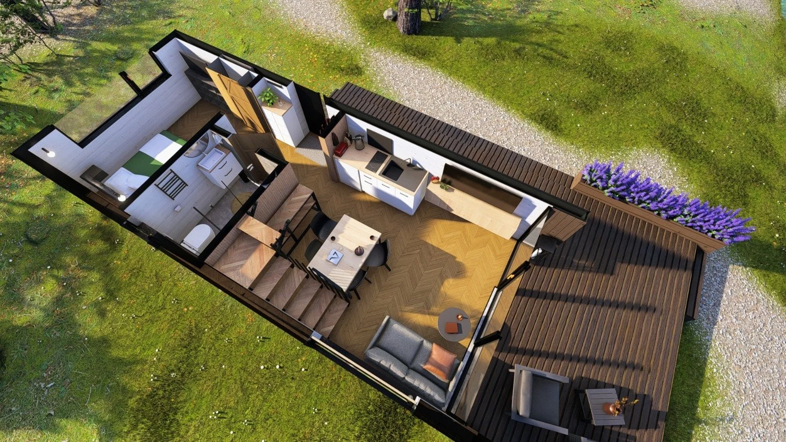 Ein fertiggestelltes kleines Haus mit Garten im Grünen, das einen Innenraum mit Schlafzimmer, Badezimmer, Küche, Essbereich und Wohnzimmer zeigt, vom Luftbild aus betrachtet.