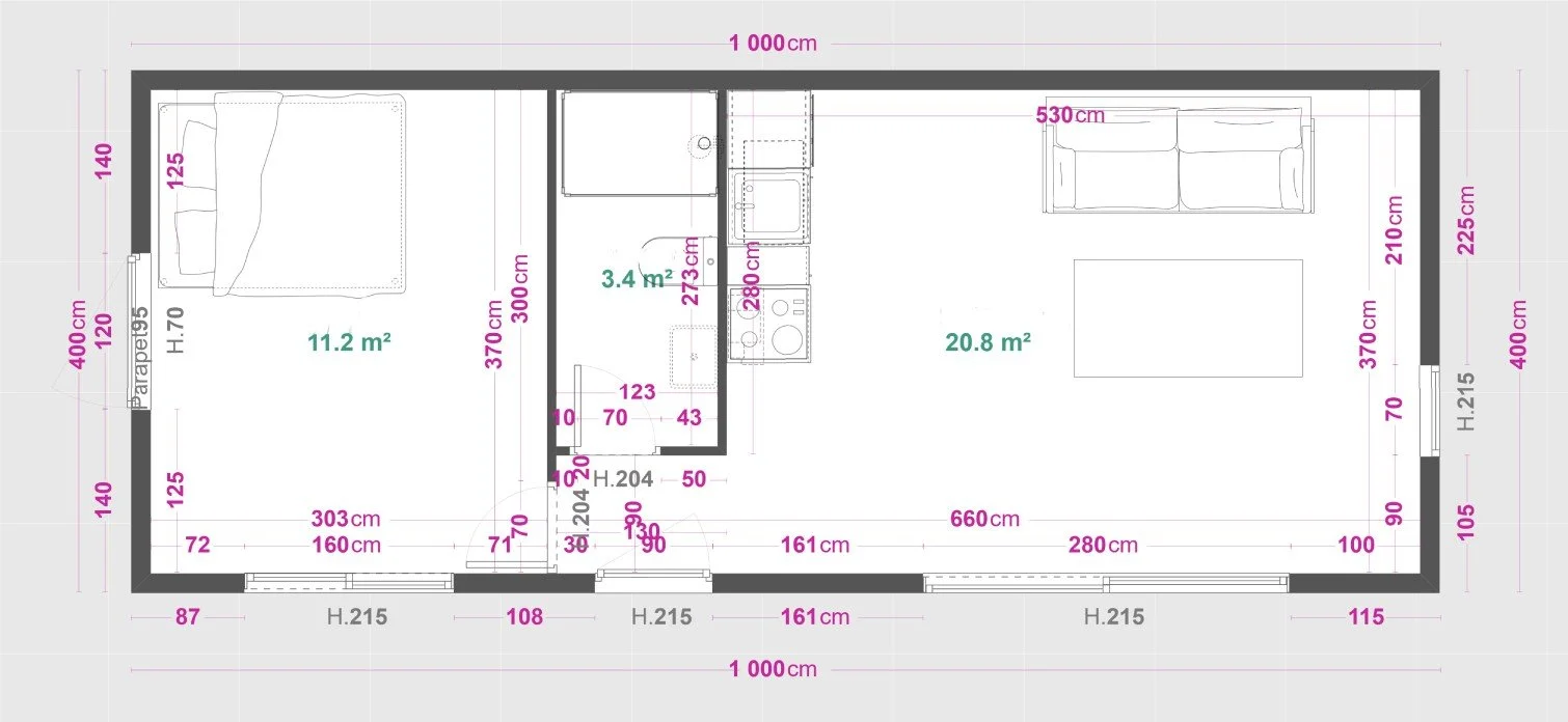 Cottage groß 10x4m mit 1 Schlafzimmer: max 12m auf Trailer möglich