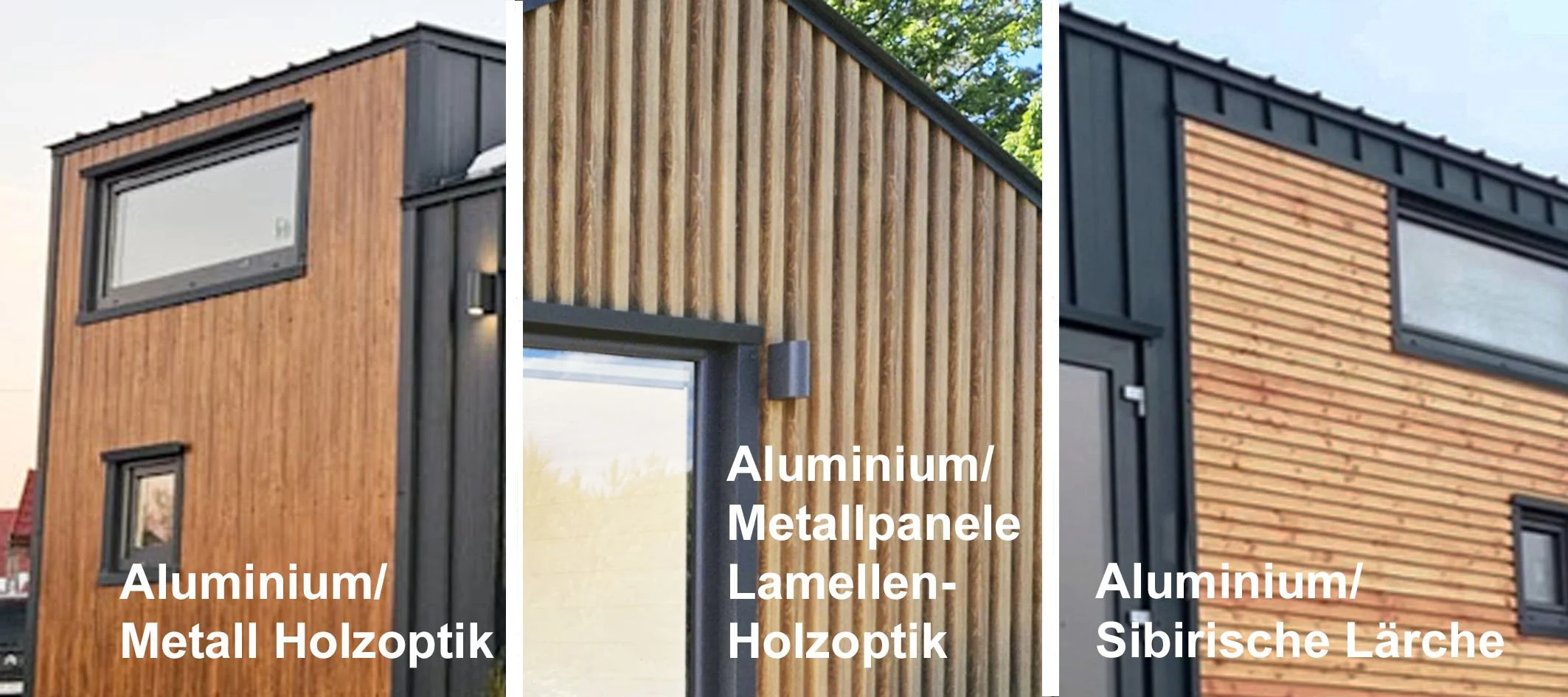 Vergleich von drei modernen Hausfassaden, jeweils mit unterschiedlichen Außenverkleidungen. Das erste Haus hat eine Fassade aus Aluminium/Metall-Holzoptik, das zweite aus Aluminium/Metallpaneelen mit Lamellen-Holzoptik, das dritte aus Aluminium mit sibirischer Lärche.