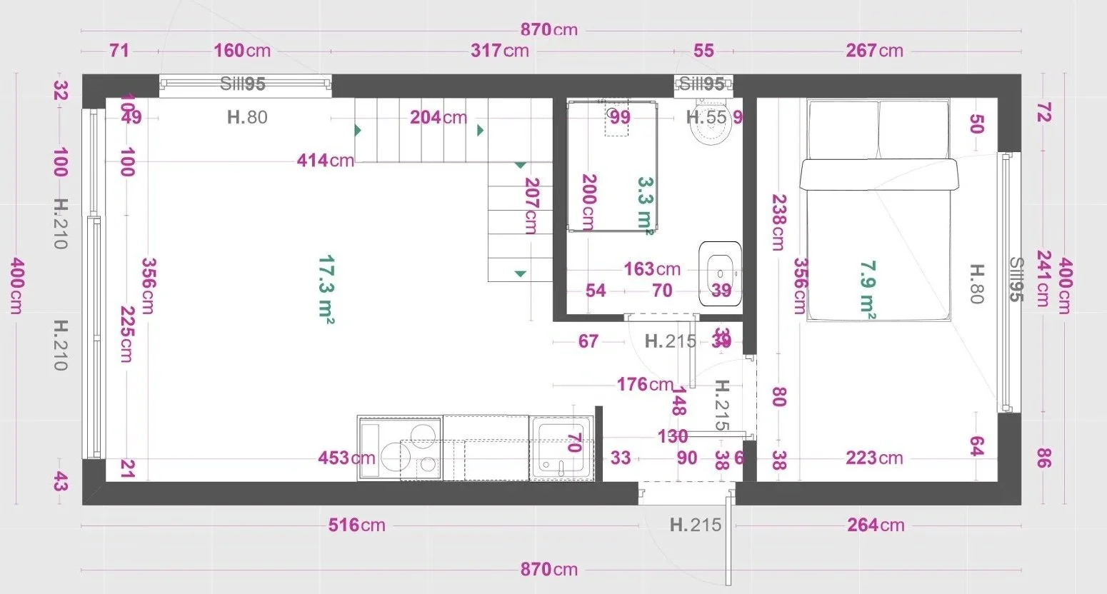 Grundriss einer Wohnung mit Maßen in Zentimetern, bestehend aus einem großen offenen Raum, einem Schlafzimmer, einem Bad und einer kleinen Küche. Die Maße und Raumaufteilungen sind detailliert dargestellt.