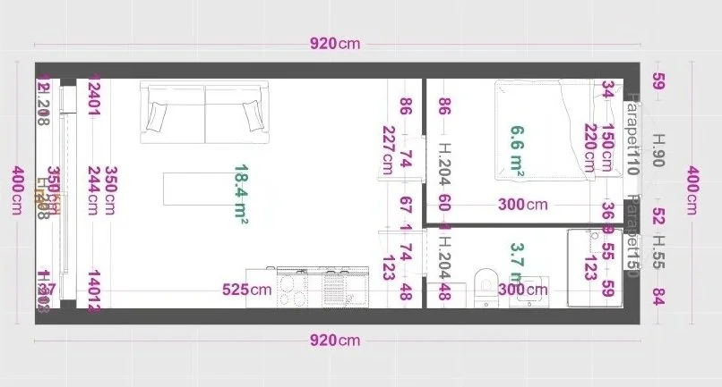 Grundriss einer Wohnung mit Maßen in Zentimeter, inklusive Wohnzimmer, Küche, Bad und Schlafzimmer, Gesamtgröße etwa 66.6 m².