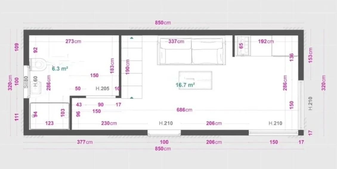 Grundrisse Cube groß unten mit  großem Bad, Wohn-Essbereich und Treppe mit Verbindungsgang auf halber Ebene