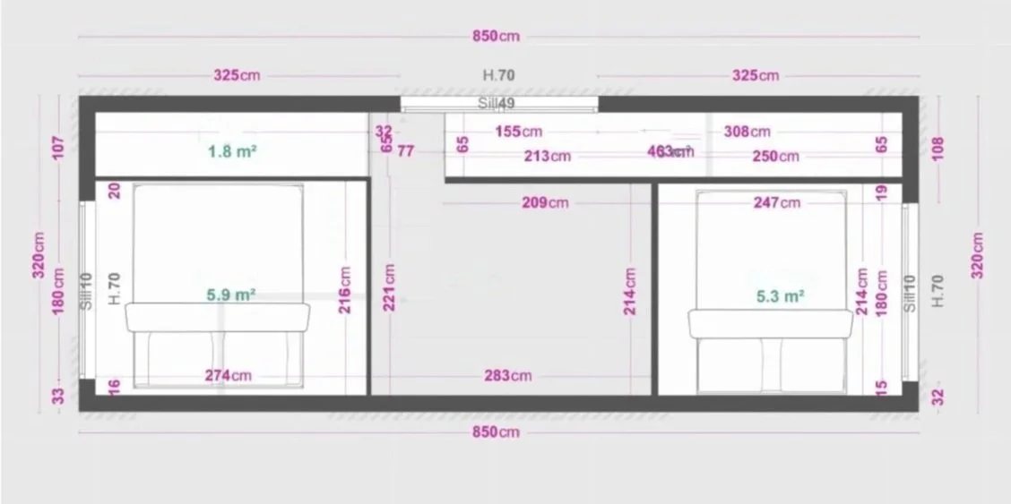 Grundriss Cube groß Schlafebene: 2 Schlafzimmer als abgetrennte Räume; Eingang in Stehhöhe.