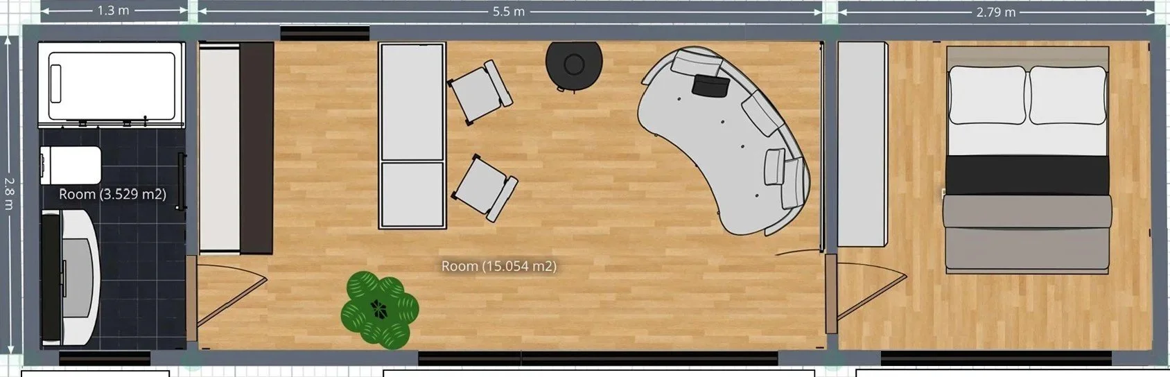 Cottage mit Schlafzimmer und Terrassentür im Schlafzimmer, große Fensterfront im Wohn - Essbereich; 10x3m