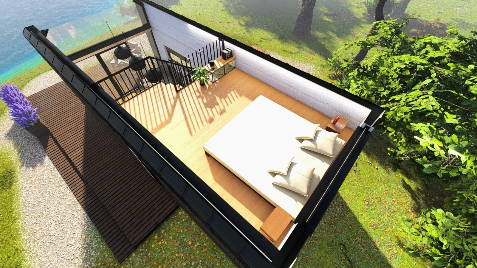 Dachgeschoss eines modernen Hauses mit Terrasse, Sitzecke, Pflanzen und Blick auf grünen Garten.