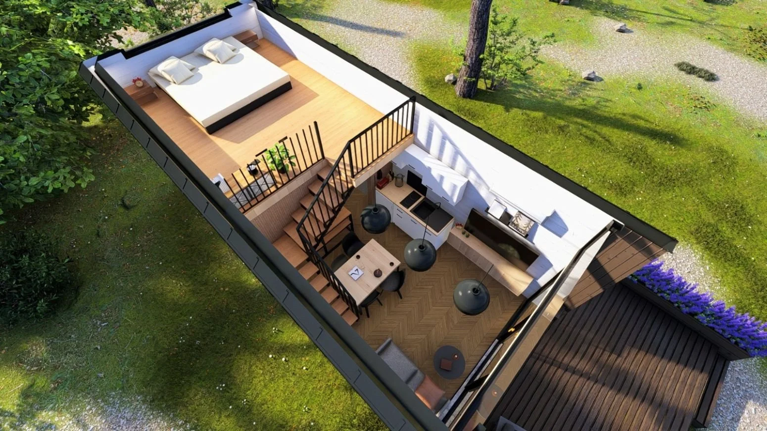 Innenansicht eines kleinen, modernen Hauses mit offener Küche, Essbereich und Schlafzimmer im Obergeschoss, umgeben von Garten mit Bäumen und Wiesen.