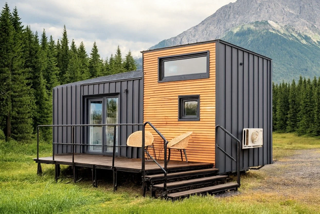Ein kleines, modernes Haus auf einer Wiese vor einem bewaldeten Berg. Das Haus hat dunkle Metallseiten und eine helle Holzfassade an der Front mit zwei Fenstern und einer Terrasse mit zwei Stühlen.