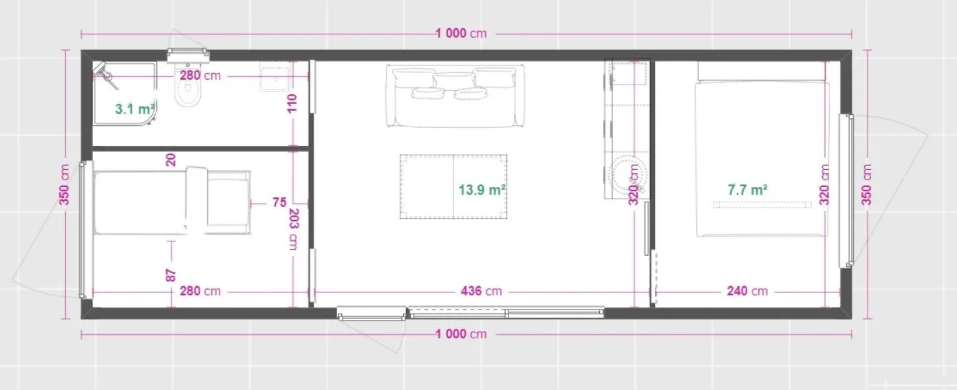 Cottage mit 2 Schlafzimmern 10x3,50m; Maximal 12m auf Trailer möglich
