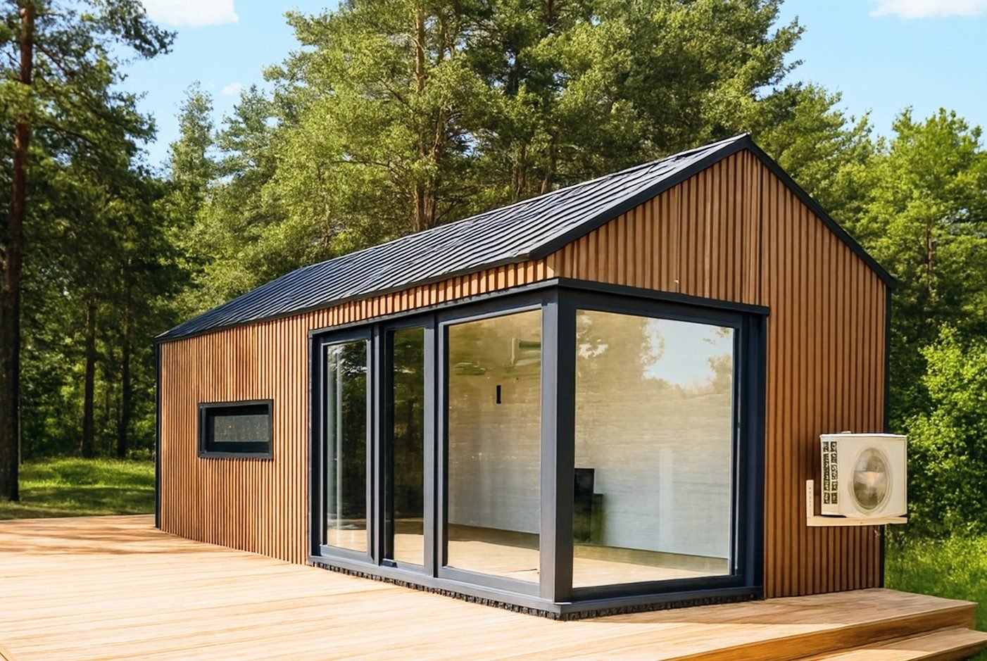 Cottage modern mit Lamellen-Fassade für 2 Personen: entweder mit großem Wohn- & Essbereich, oder abgetrenntem extra Raum.