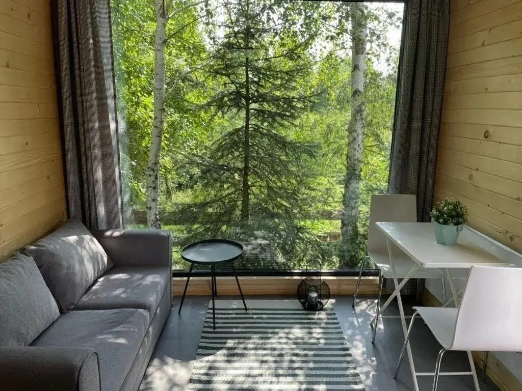 Innenraum eines Raums mit großen Glasfenster, Blick auf eine grüne Waldszene mit Bäumen. Es gibt eine graue Couch, ein kleines schwarzes Beistelltisch, ein weißer Schreibtisch mit zwei Stühlen und eine Topfpflanze. Der Raum hat Holzwände und einen ge