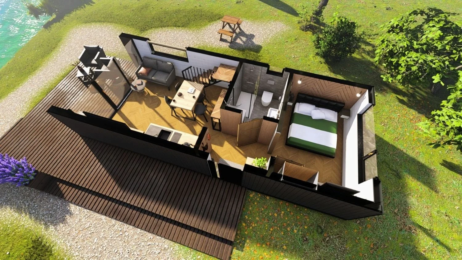 Ein Grundriss einer kleinen Wohnung mit Schlafzimmer, Badezimmer, Küchen- und Wohnzimmer, umgeben von einem Garten mit Bäumen und einem Picknicktisch im Freien.