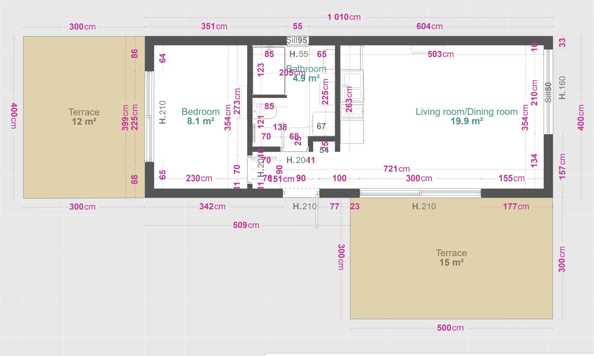 Cottage in 10x4m mit großem Bad , Garderobennische und Schlafzimmer; Panoramafenster im Wohn-Essbereich