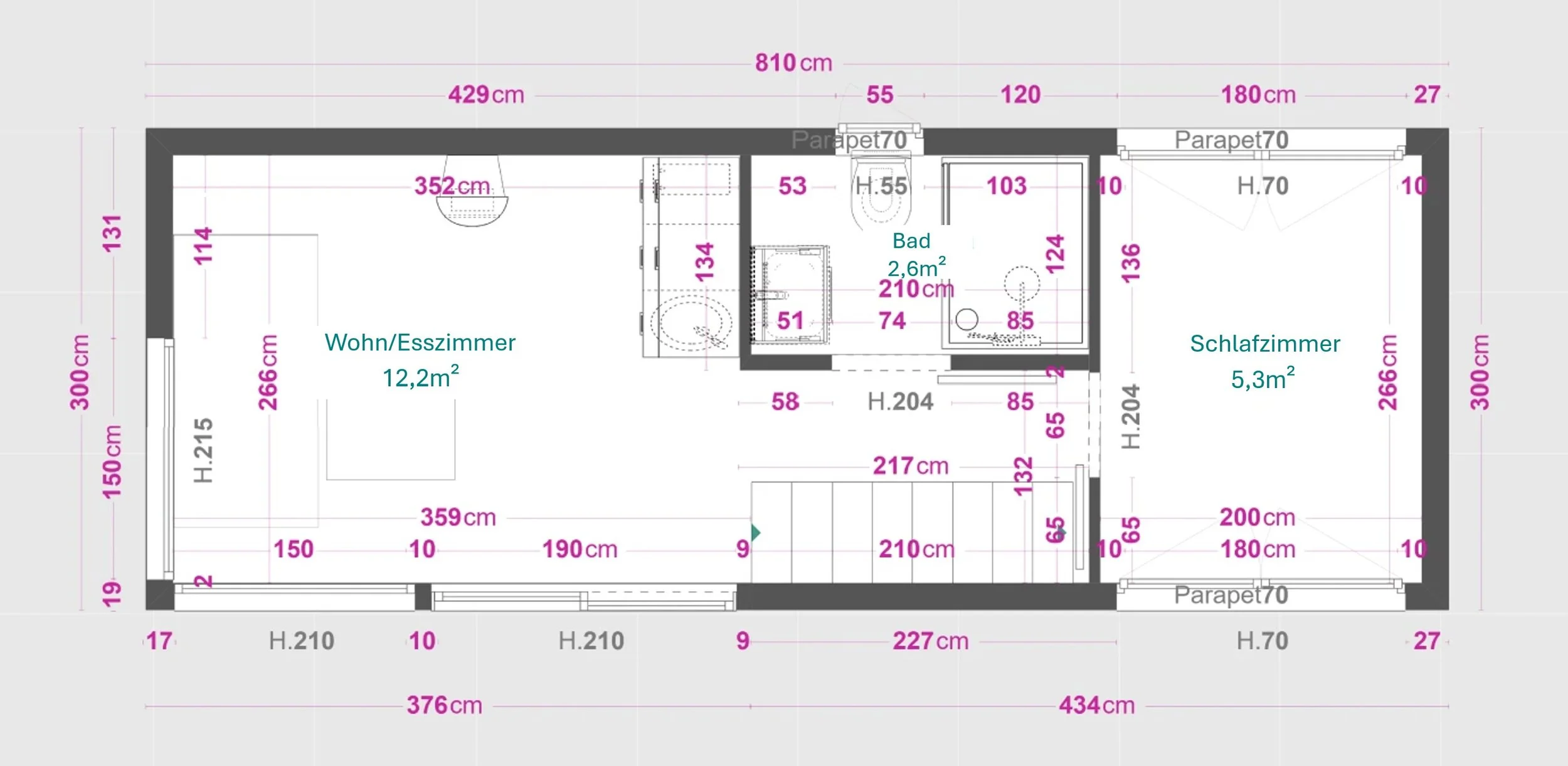 Var B: Extra Raum, Bad mittig