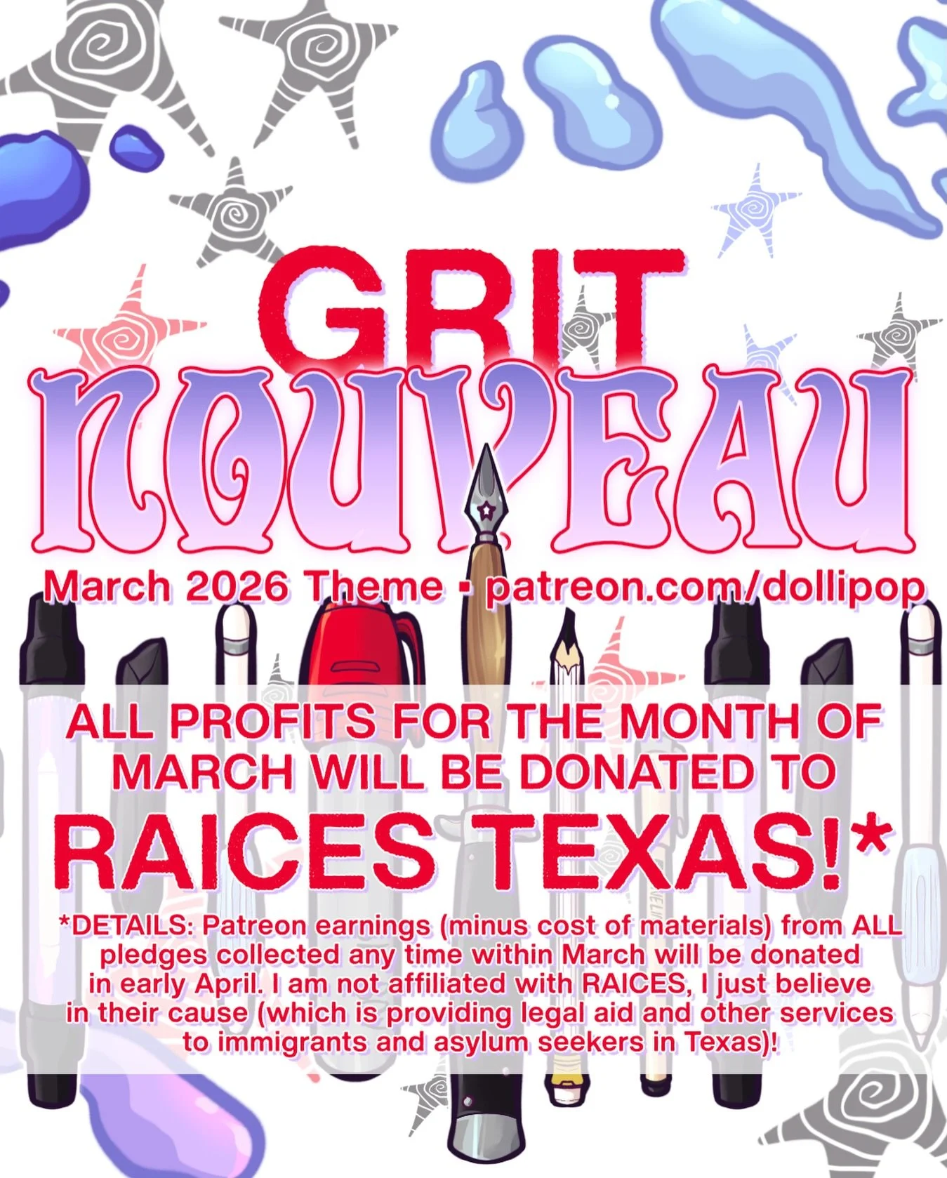 Hi friends! A new month means a new theme on my @patreon page, and this month also brings something special with it &mdash; I&rsquo;ll be donating all my profits for the month of March to @raicestexas 💖🤘 I&rsquo;m so thankful to have people support
