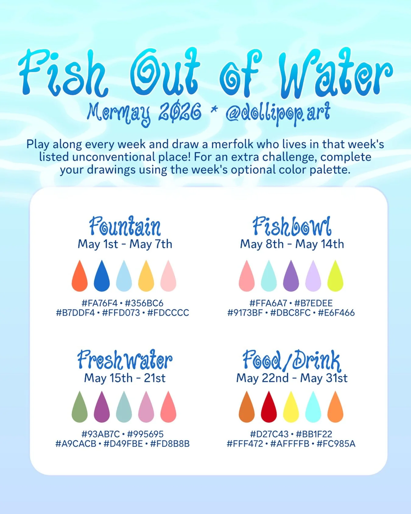 🐠 𝔽𝕚𝕤𝕙 𝕆𝕦𝕥 𝕠𝕗 𝕎𝕒𝕥𝕖𝕣 🌊 𝕄𝕖𝕣𝕞𝕒𝕪 𝟚𝕜𝟚𝟞 ✨
Finally posting my #mermayprompts for this year! Play along with me next month and draw a merfolk who lives in an unconventional place each week. I&rsquo;ll reshare as many as I can (as lo