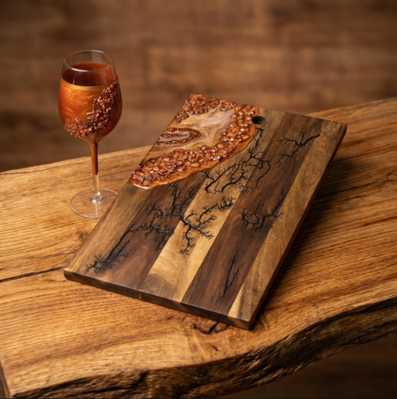 Eternal Copper/ Fractal Burnt XL Acacia Wood Chopping board & Wine Glass