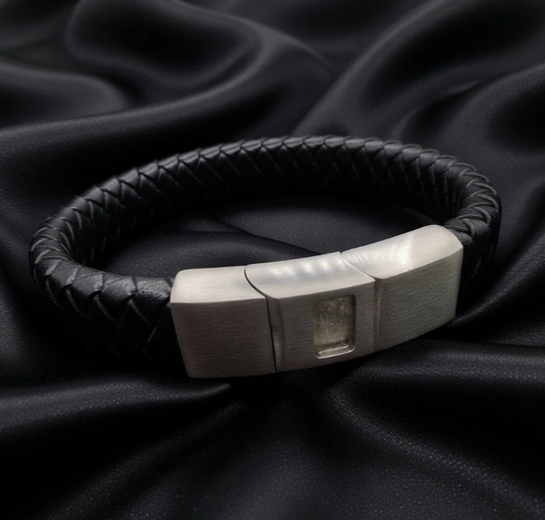 Men’s Black Leather & Stainless Steel Bracelet