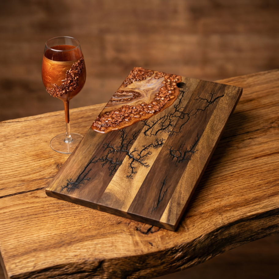 Eternal Copper/ Fractal Burnt XL Acacia Wood Chopping board & Wine Glass