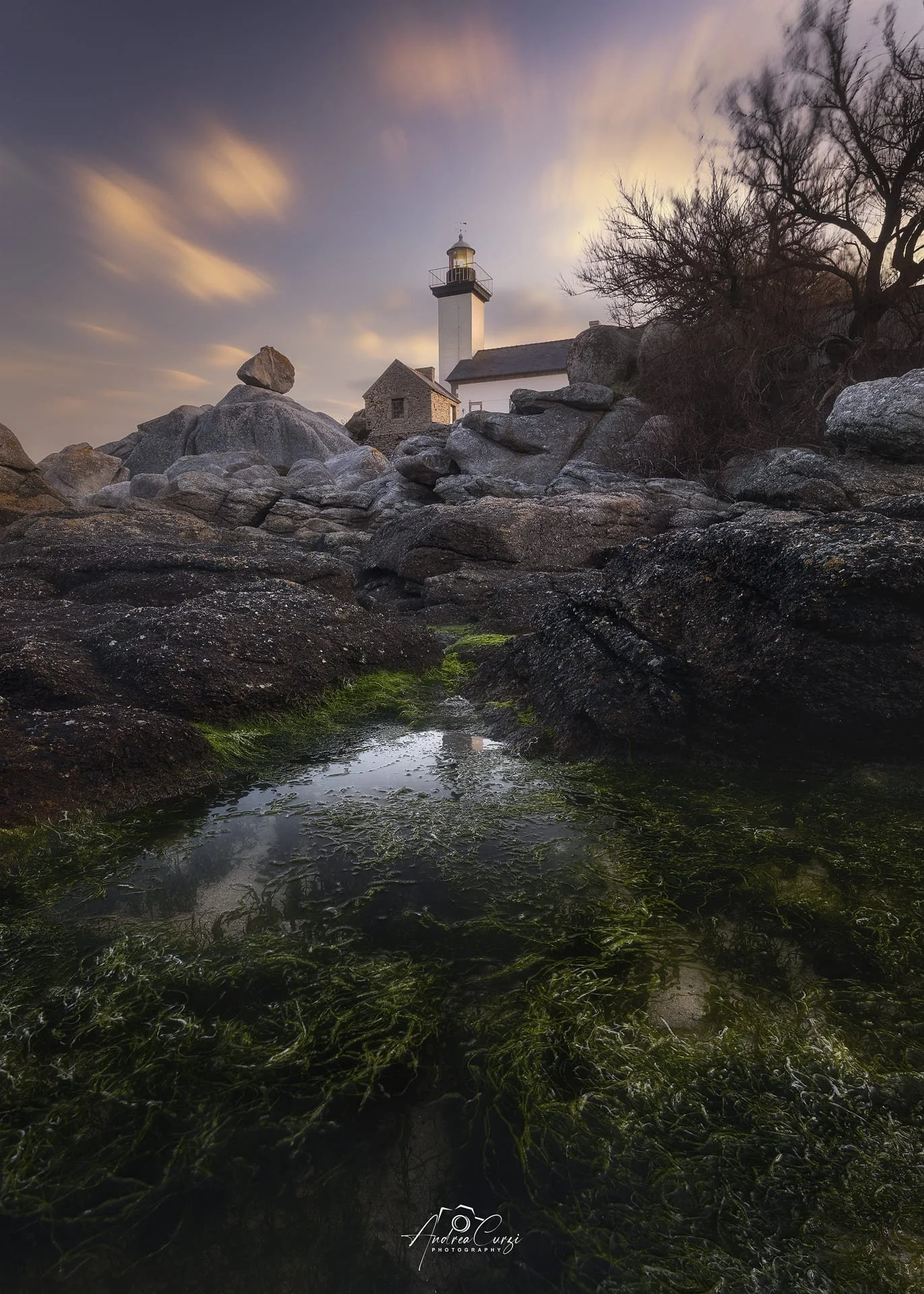 Faro di Pontusval in Bretagna, circondato da rocce e vegetazione marina, con cielo nuvoloso all'alba