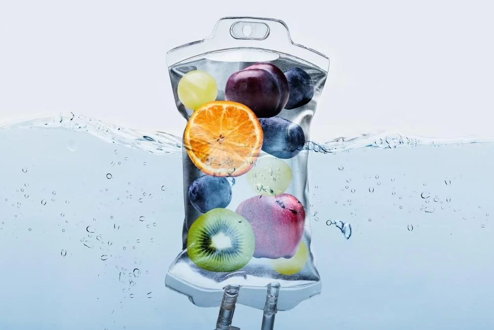A clear IV bag filled with various fruits including an orange, apple, banana, kiwi, blueberry, and grapes, submerged in water.