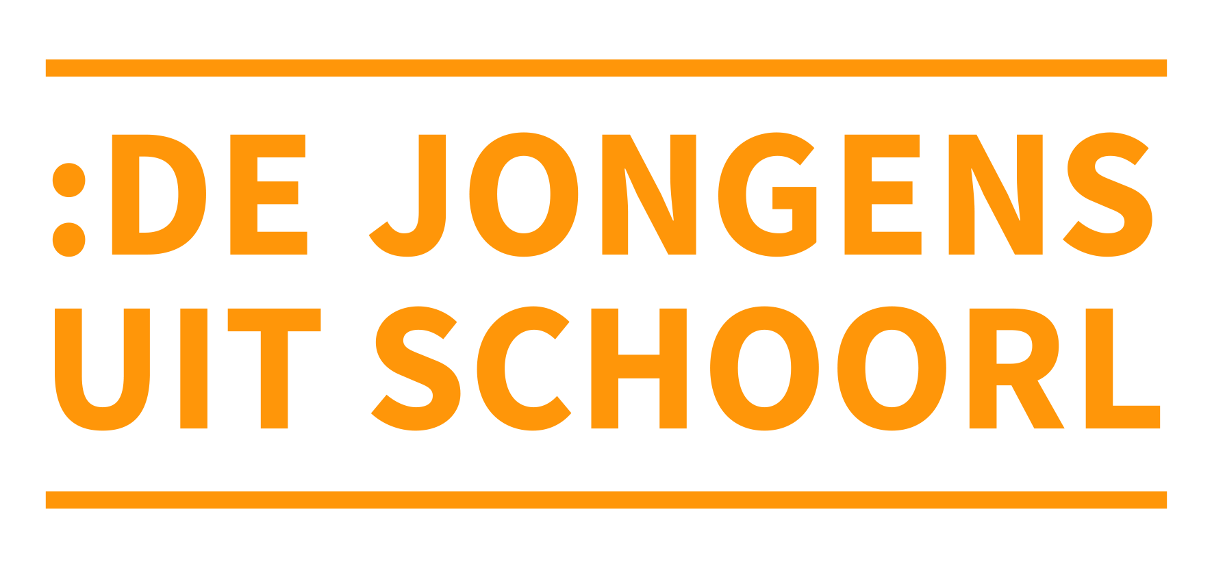 Tekstafbeelding met oranje tekst op zwarte achtergrond dat zegt 'De jongens uit school'.