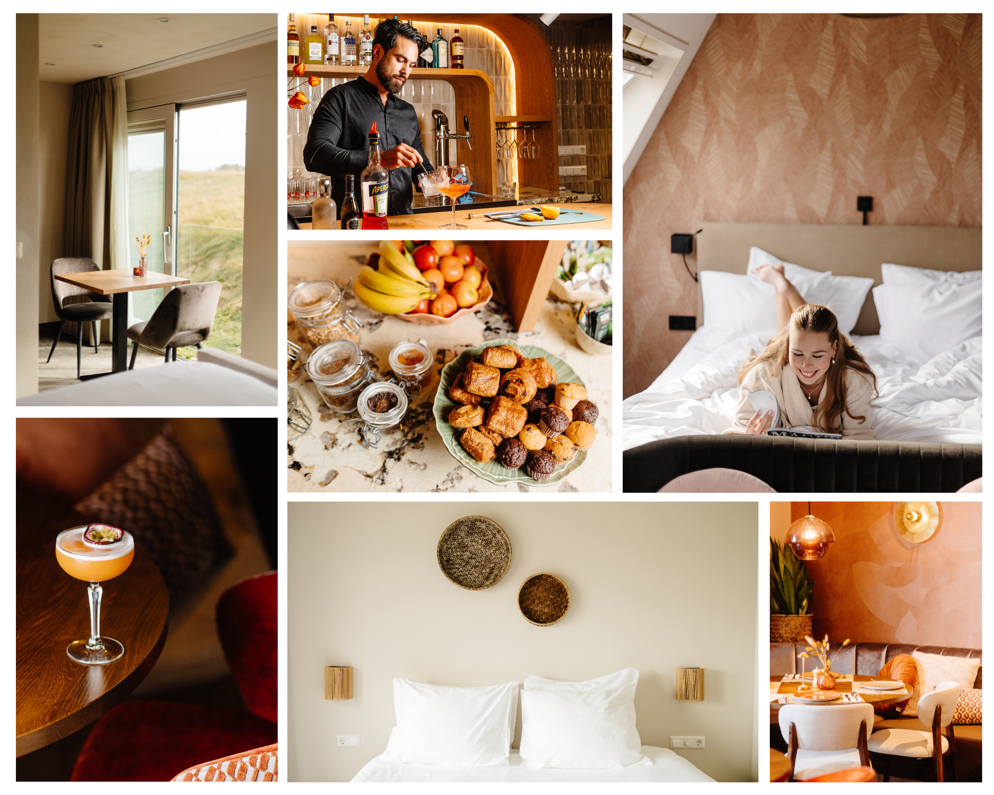 Een collage van foto's van een hotelkamer en hotelvoorzieningen, inclusief een bar met drankjes, een ontbijt met fruit en gebak, een bed met witte lakens, en een zithoek met een tafel en stoelen. Er is ook een balkon met uitzicht op een groene omgeving, en decoratieve elementen in de kamer.