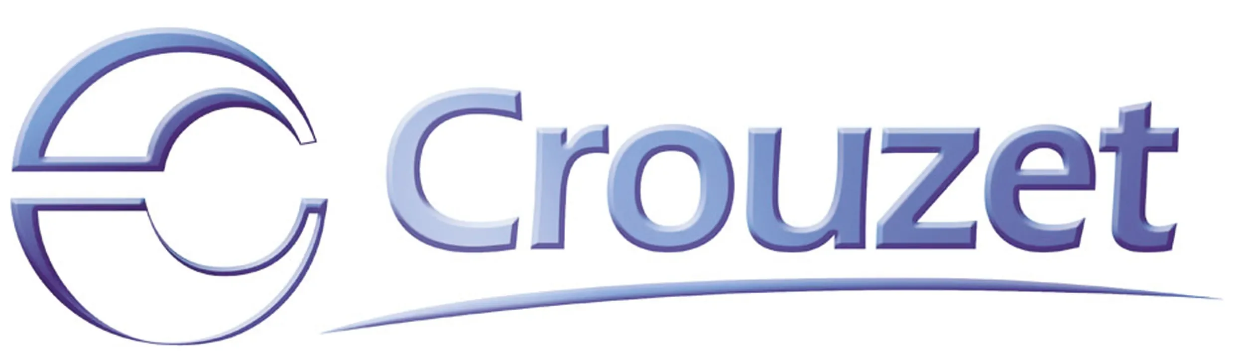 Logo avec un cercle stylisé et le mot 'crouzet' écrit en lettres violet clair avec un dégradé et une ligne courbe en dessous.