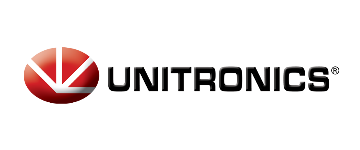Logo de l'entreprise UNTRONICS avec un symbole rouge et blanc en forme de V pointant vers le bas.