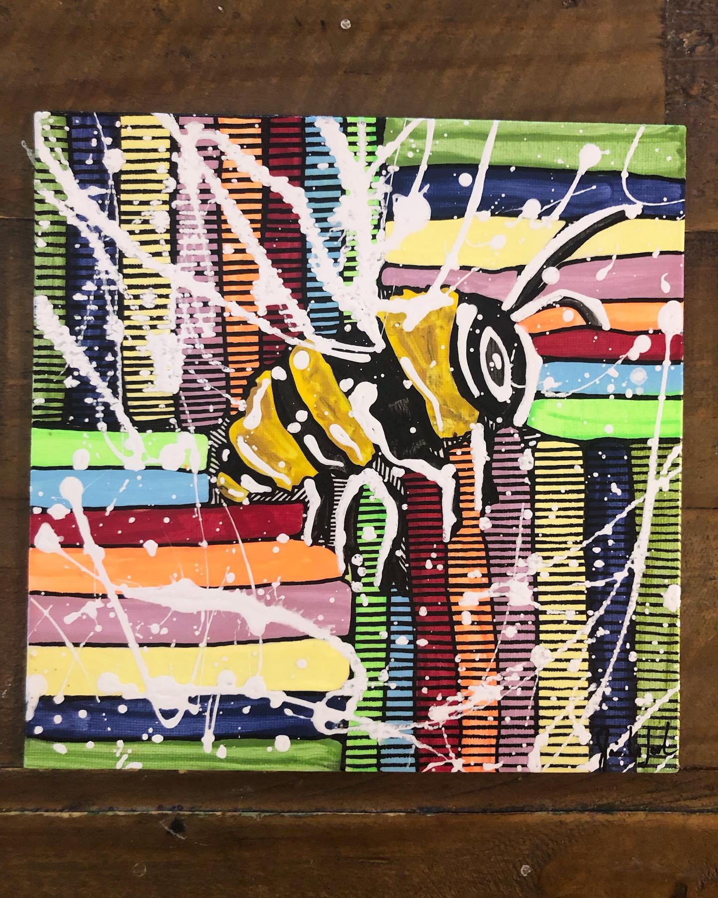 &ldquo;Busy Bee&rdquo;
8x8

And isn&rsquo;t she busy! 😊🐝

This was fun! I was worried I went a little too far, and I wasn&rsquo;t feeling the lines at first, butI think she turned out alright. Again, great practice run for my journey into painting 