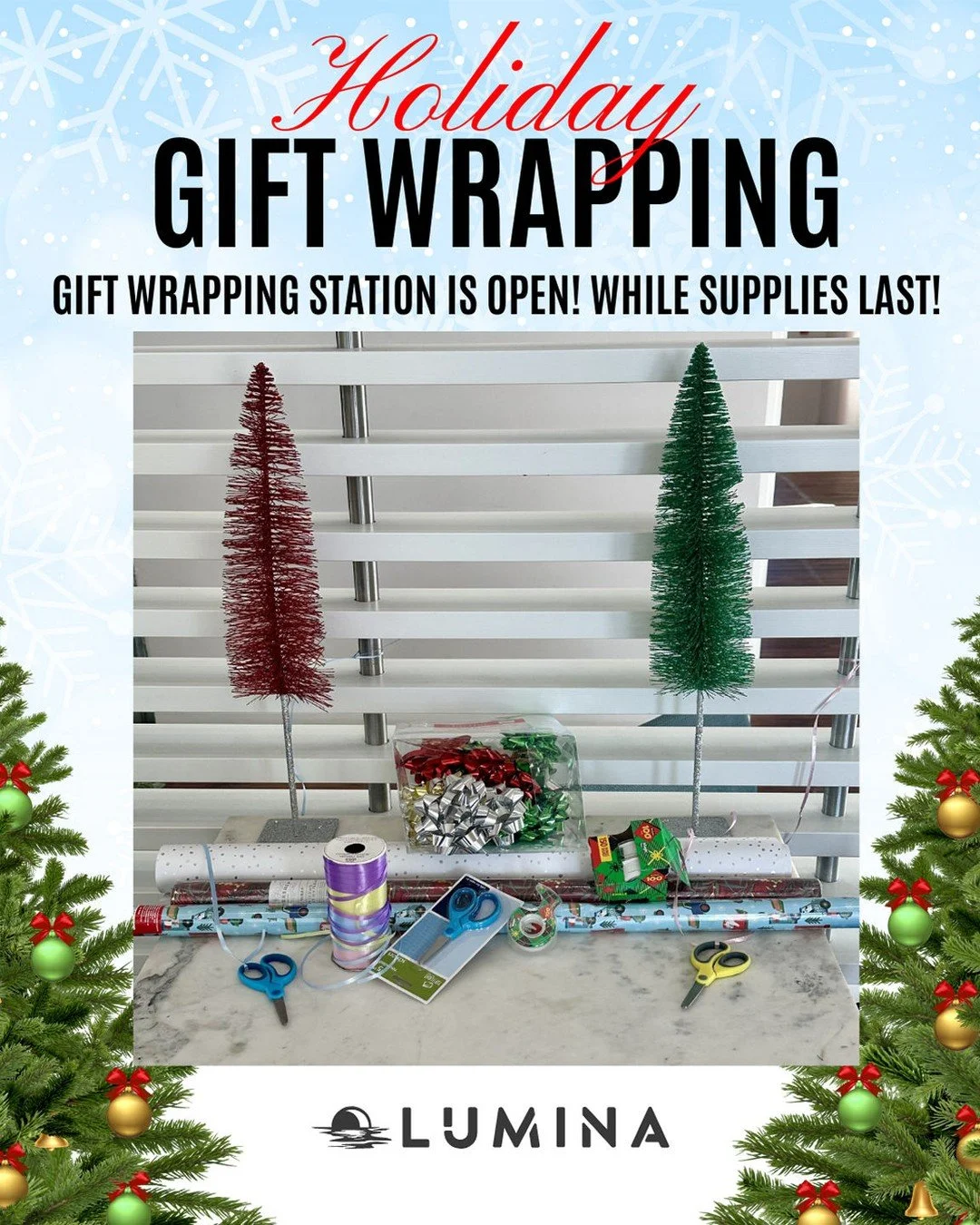 Stop by the Clubhouse starting at 10:00 AM and wrap your holiday gifts with ease! We&rsquo;ll have wrapping paper, bows, tape, and all the festive extras &mdash; while supplies last #LuminaLiving #HolidayReady #GiftWrappingStation
