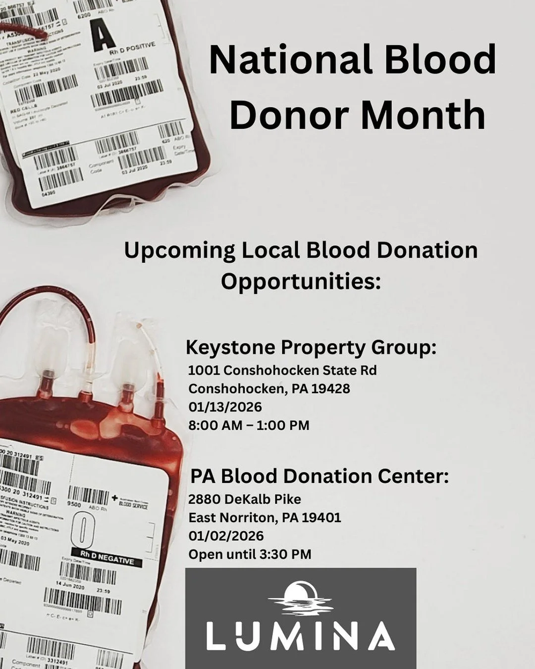 January is National Blood Donor Month. It highlights the importance of donating blood, especially in winter when donations drop. Team Lumina!