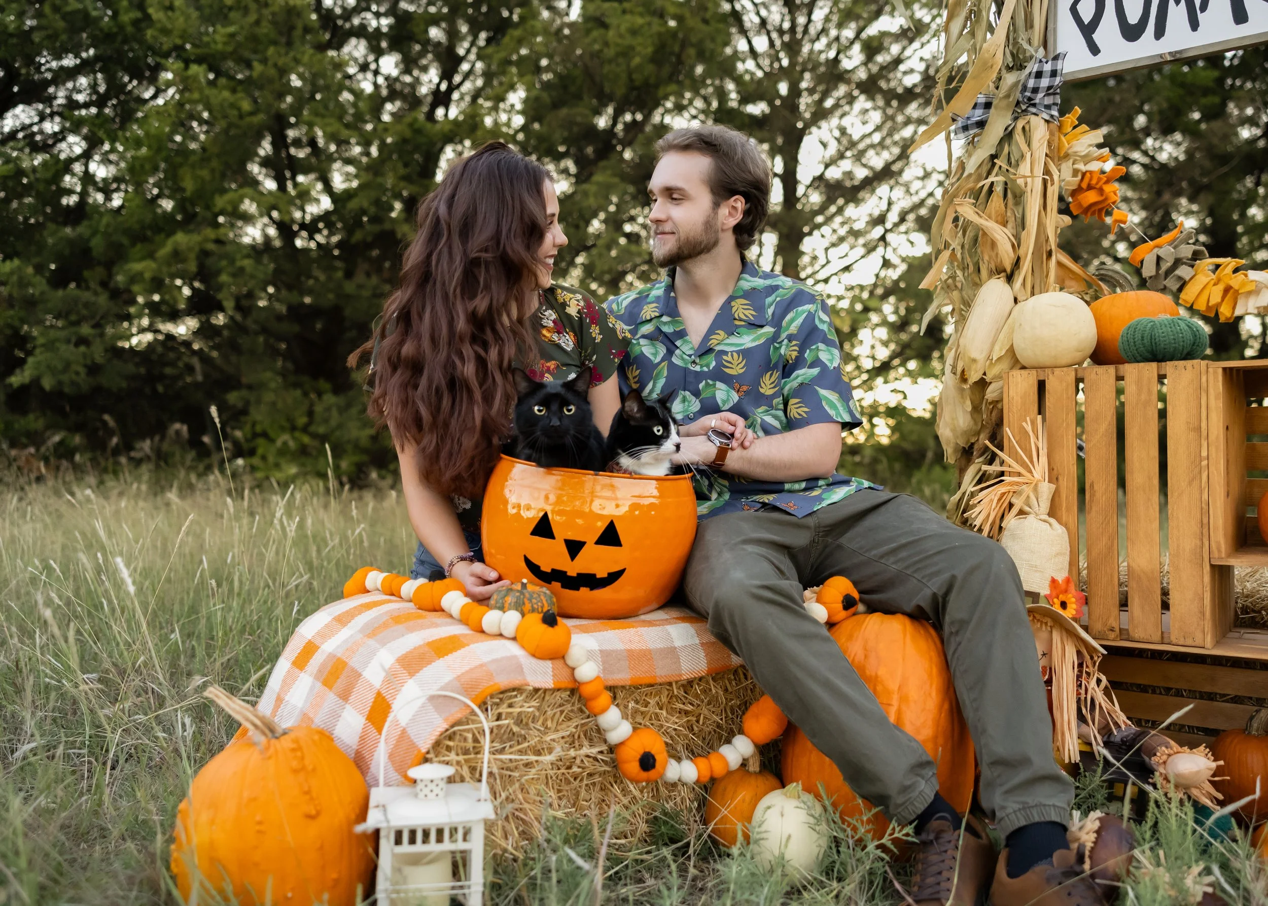 A couple sitting outdoors on a hay bale decorated for fall Halloween, with pumpkins, gourds, and a pumpkin-shaped container holding two cats. The woman has long wavy hair and is smiling at the man, who is wearing a colorful short-sleeve shirt. There are autumn decorations including a pumpkin garland, a lantern, and dried corn stalks on the right side.