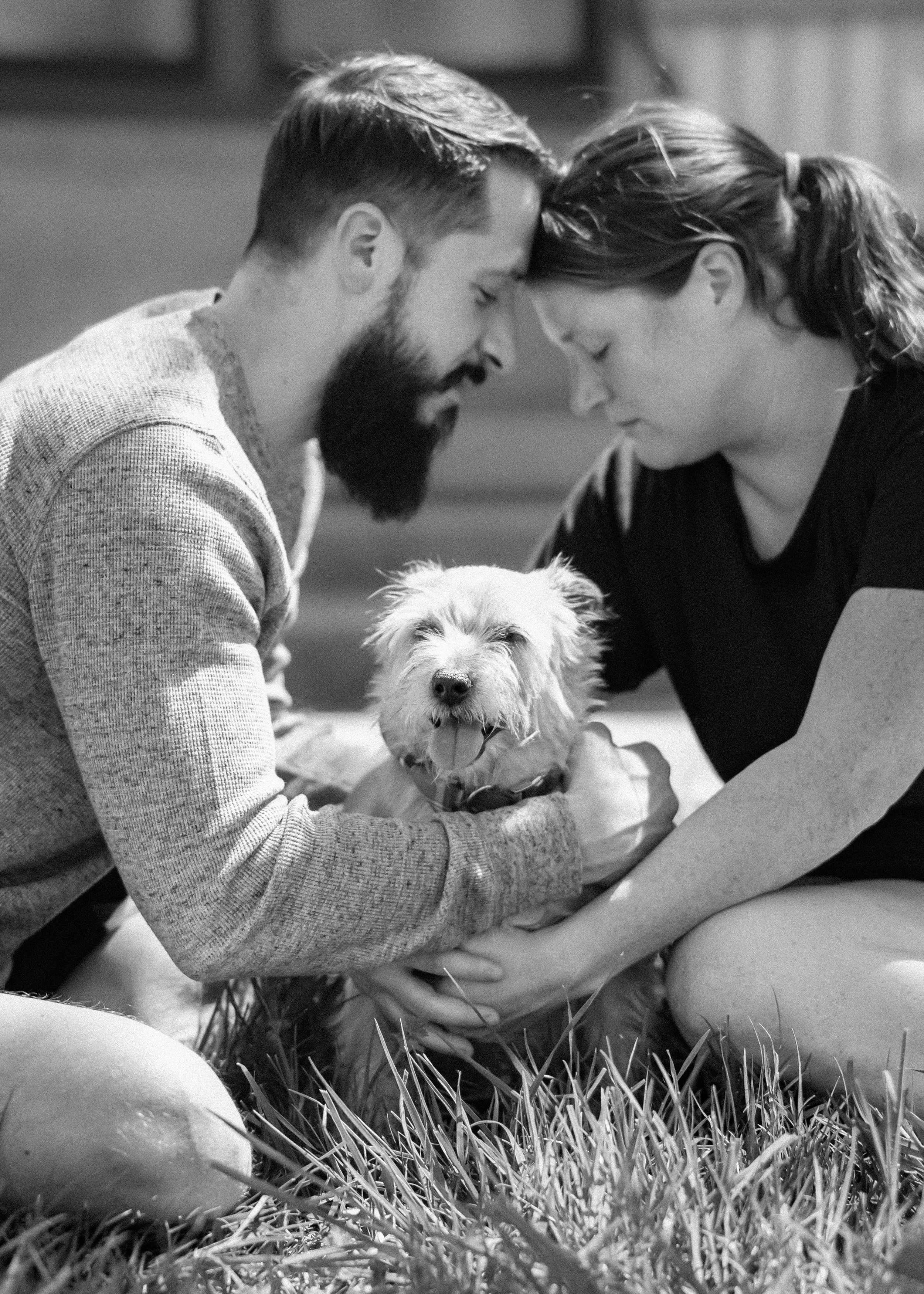 A couple and a dog with a beard touching foreheads and smiling, sitting on grass.